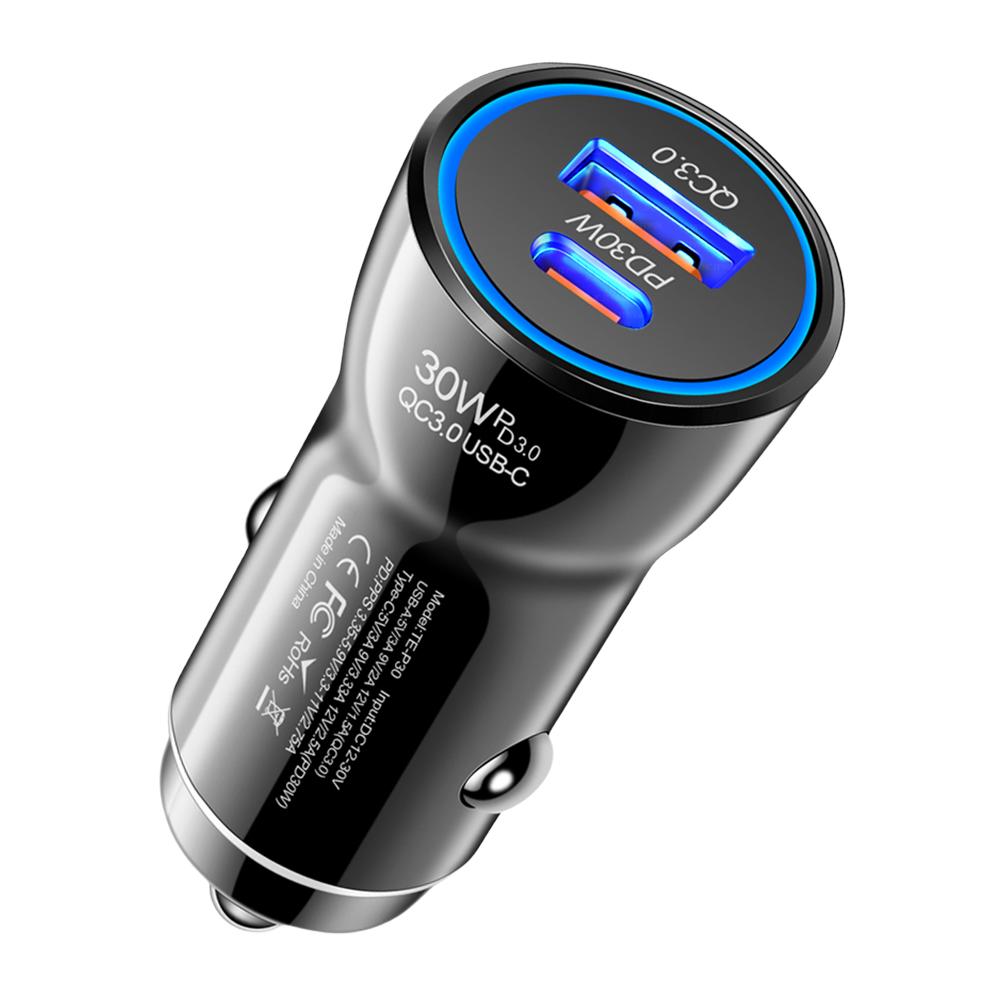 

Автомобильное зарядное устройство для телефона PD 30 Вт QC 3.0 USB-разъем для зарядного устройства USB Type C Автомобильный адаптер питания с множественной защитой для Samsung Huawei Xiaomi белый