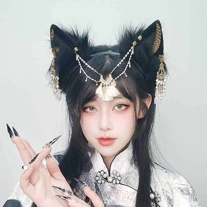 Exotic Wind Simulation Beast Ears Wolf Ears Headband Cos Miao Xinjiang Girl Tassel Ancient Wind Wolf Ears Wolf Tail Set