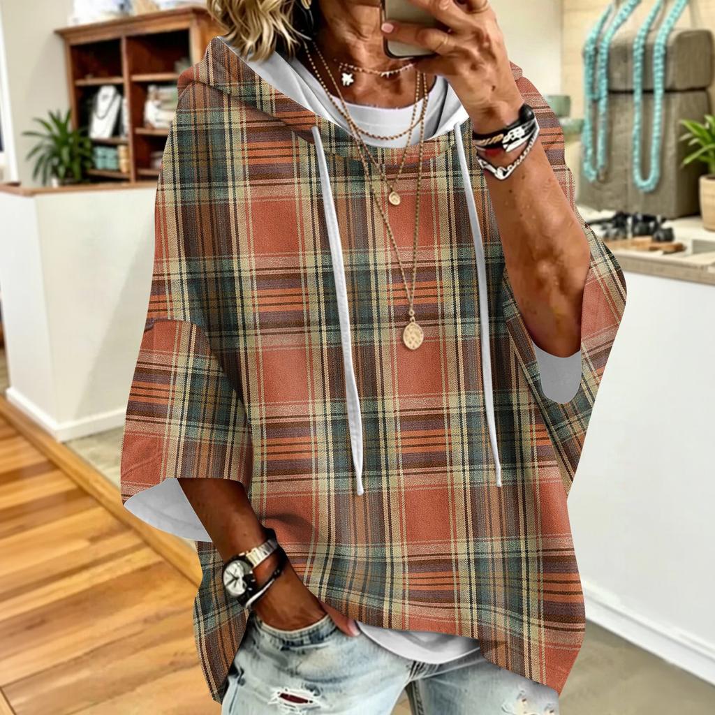 Women's Drawstring Hooded Sweatshirt with Retro Plaid Print Loose Fit Casual Top