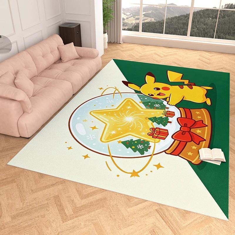 Xmas Tree Snow Globe Pikachu 3D Print Imitation Cashmere Rug, Soft Water Absorbent Mat For Living Room Decor