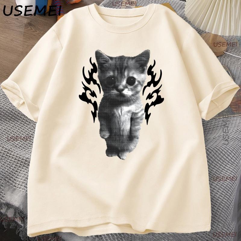 Y2K Goofy Cat Meme T Shirt 90s Vintage Cotton Short Sleeve Tshirt Streetwear Round Neck T Shirt Causal Oversized Clothing