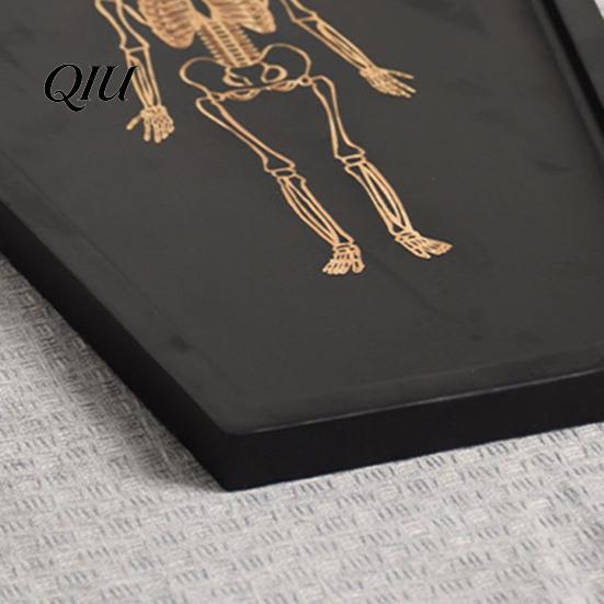 Waterproof Bathroom Counter Organizer Halloween Gothic Serving Tray with Engraved Skeleton, Wooden Charcuterie Board, Casket Spooky Party Snack Shape