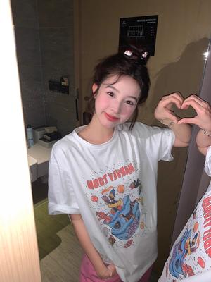 American Sle Summer New Sweet Cool Cartoon Du Print Ort Sve T Irt Women's Cotton 00% Tee Irt