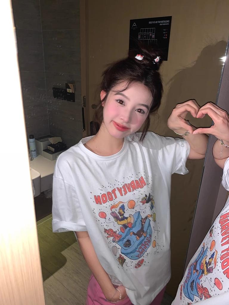 American Sle Summer New Sweet Cool Cartoon Du Print ort Sve T irt Women's Cotton 00% Tee irt