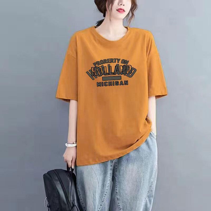 

Женская модная футболка свободного кроя из 100% хлопка с коротким рукавом и круглым вырезом, универсальная и стильная, в наличии большой размер L (120-135 jin)