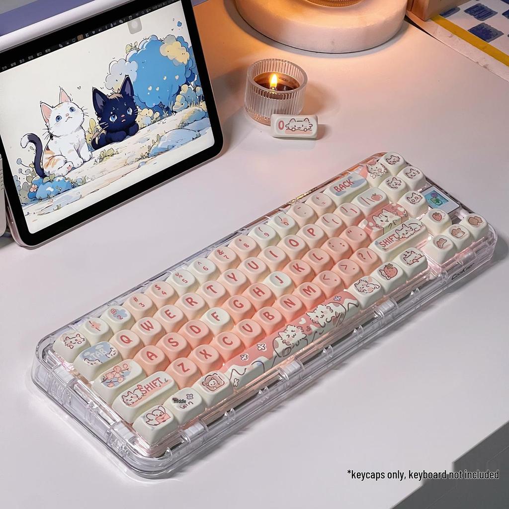 MOA Cute Pink Strawberry Kitten Keycaps Set for Mechanical Keyboards (75/98)