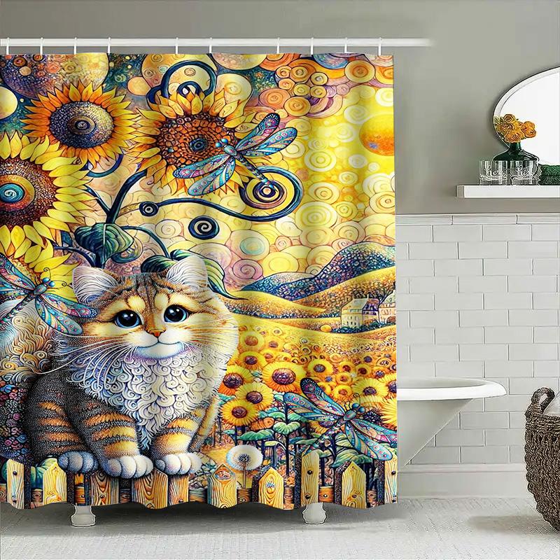 Colorful Sunflowers Cat Print Shower Curtain for Bathroom Decoration 3D High-Definition Printed Waterproof Fabric Available in V