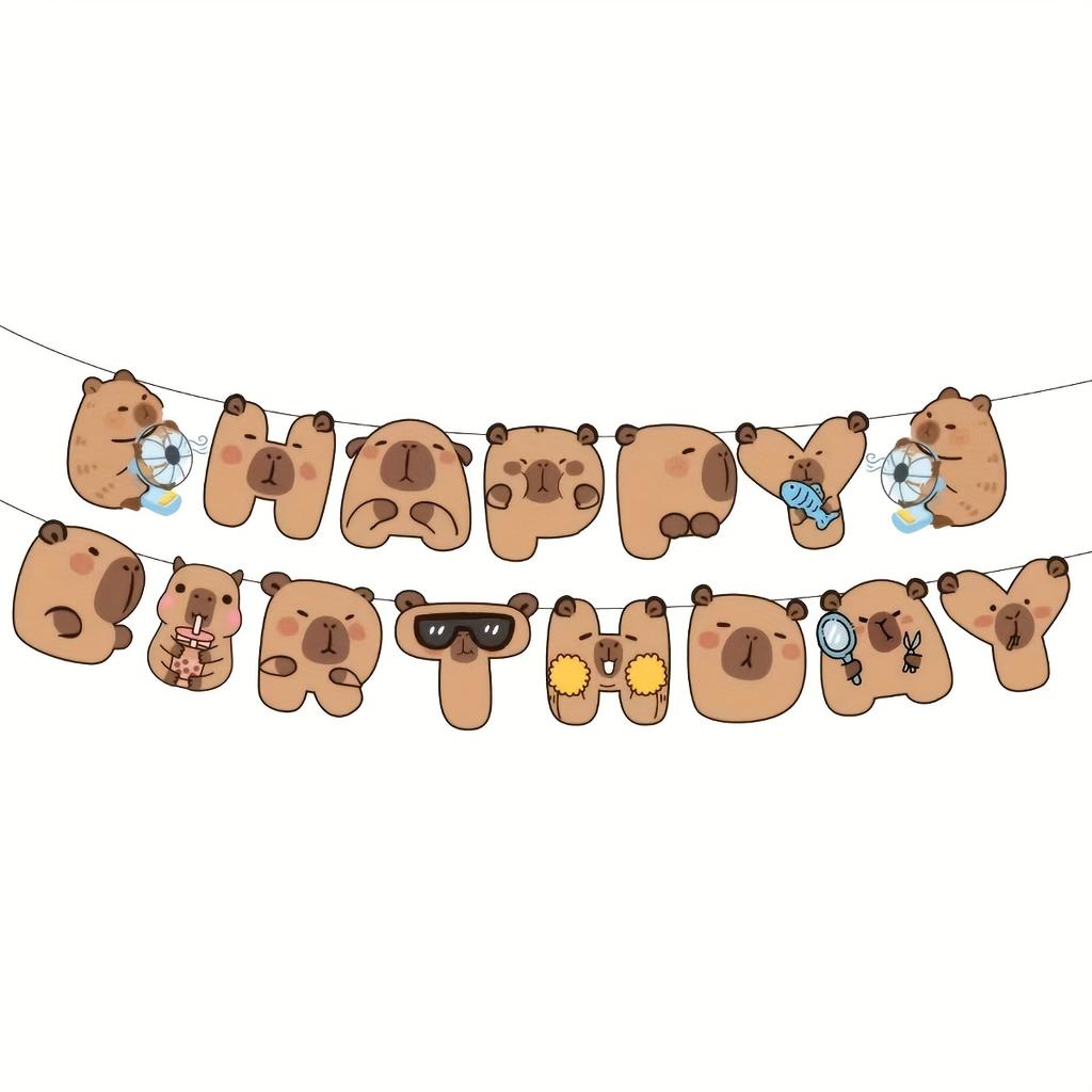 Cute Capybara Happy Birthday Banner, cartoon paper pull flag, ideal for kids' birthday, room & entrance decor.