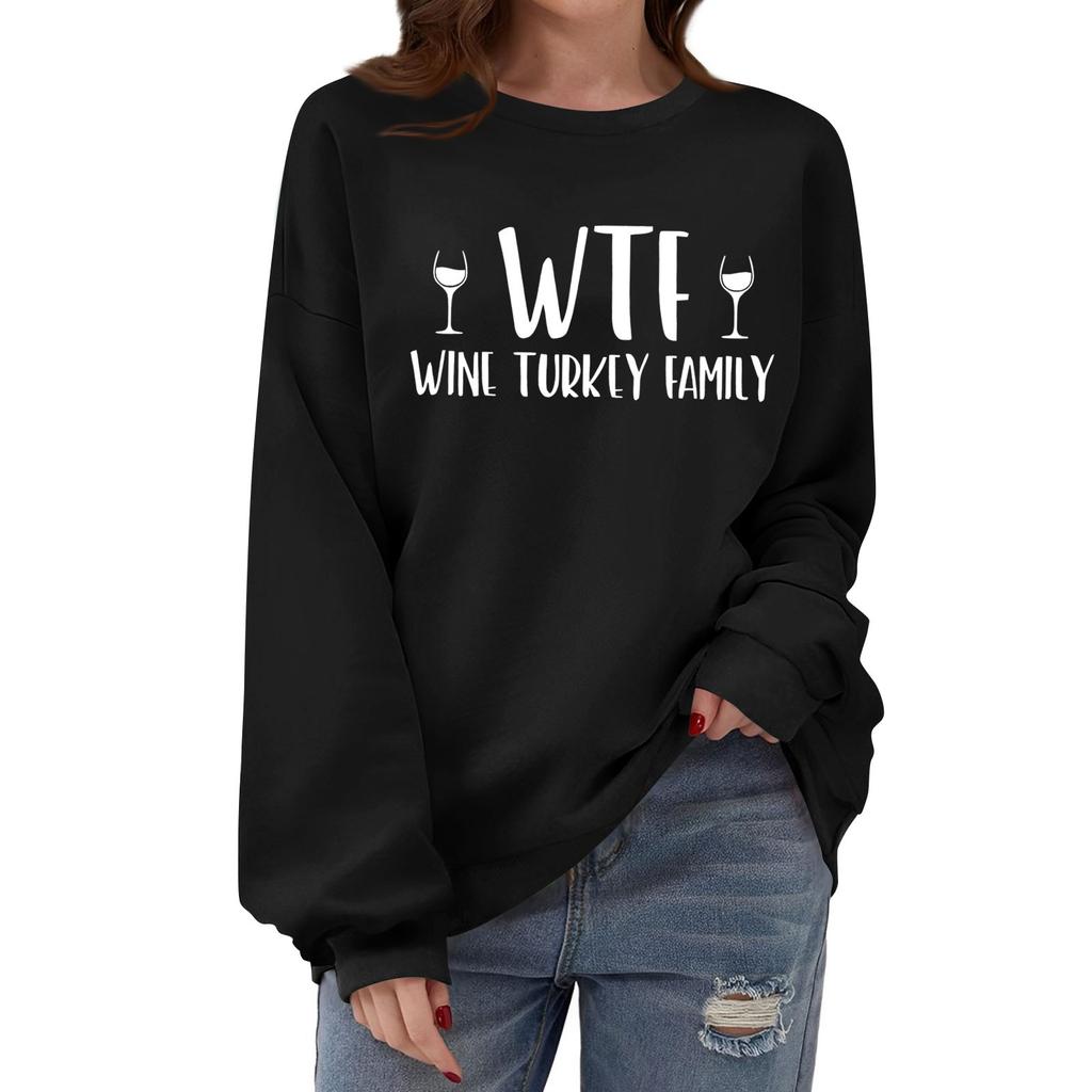 Women's Round Neck Long Sleeve Pullover Sweatshirt Thanksgiving Printed Top Sweatshirt