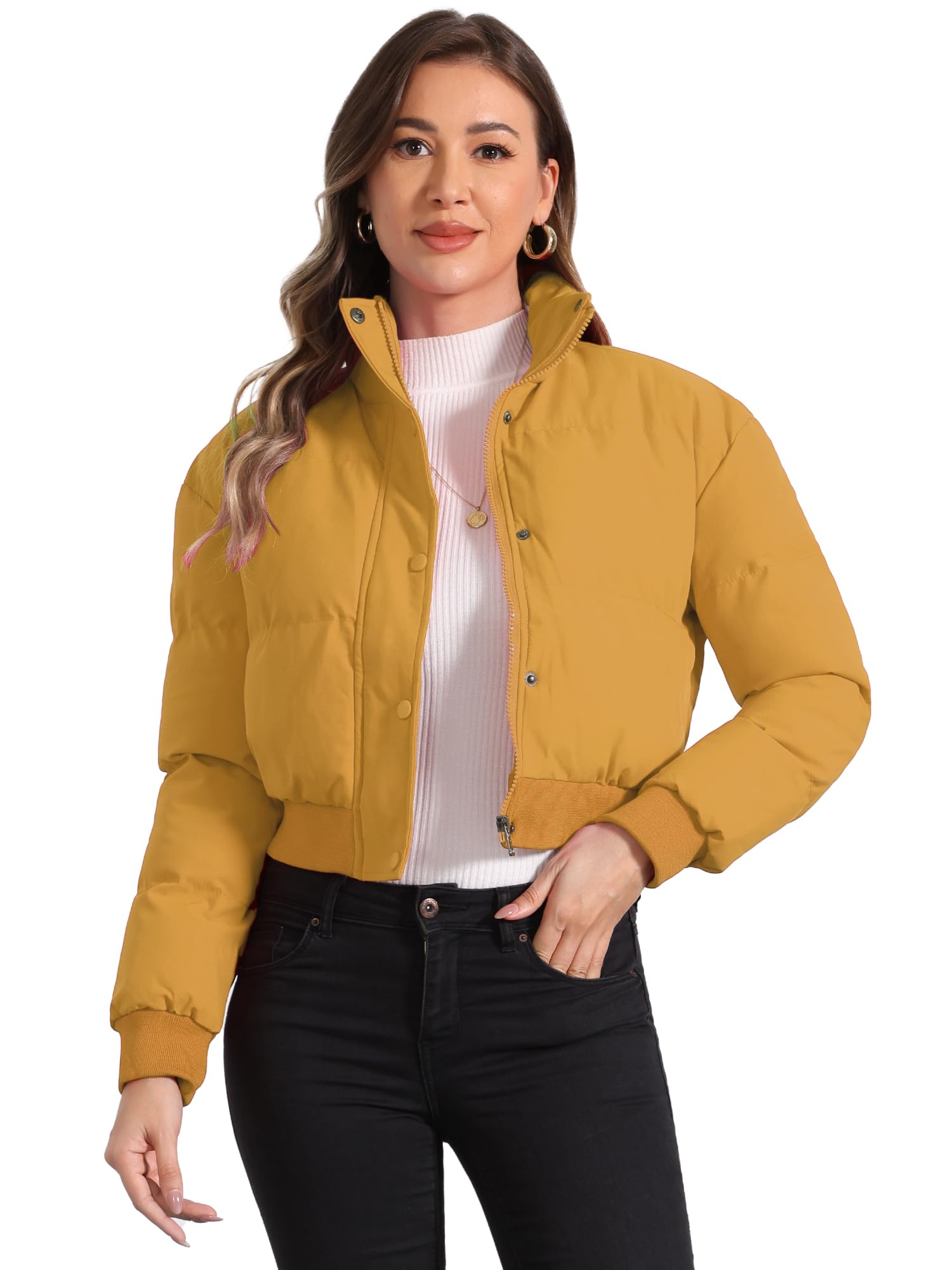 

Allegra K Women s Winter Bomber Jacket, Baggy Padded Cropped Coat, Dark Yellow, Size M