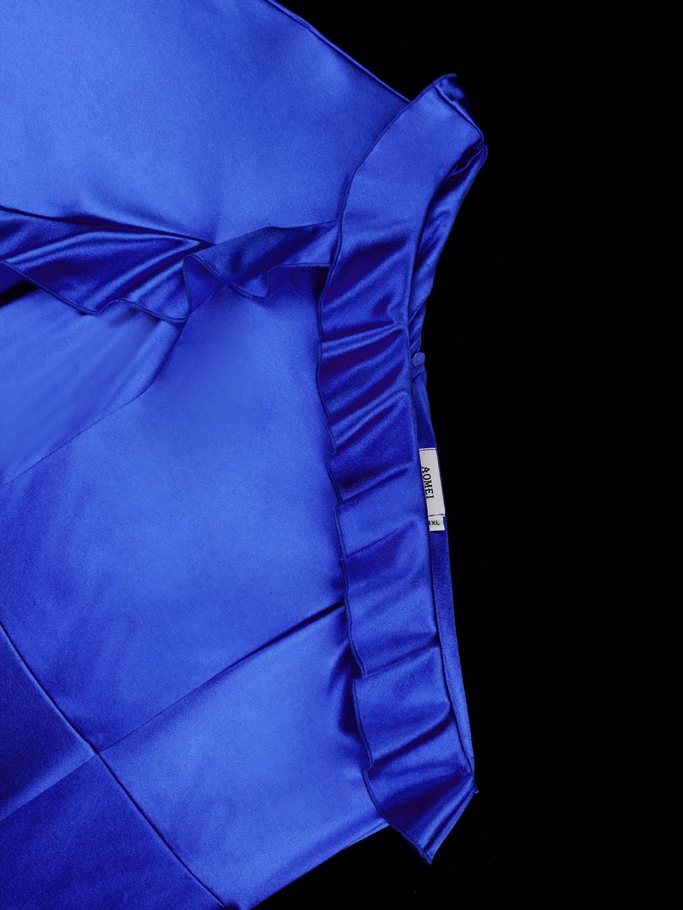 AOMEI синие атласные платья-футляры для женщин с оборками на одно плечо и длинными — фото 6