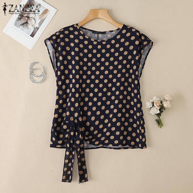 ZANZEA Damen Sommer Polka Dot Print Lässige Kurzarmbluse