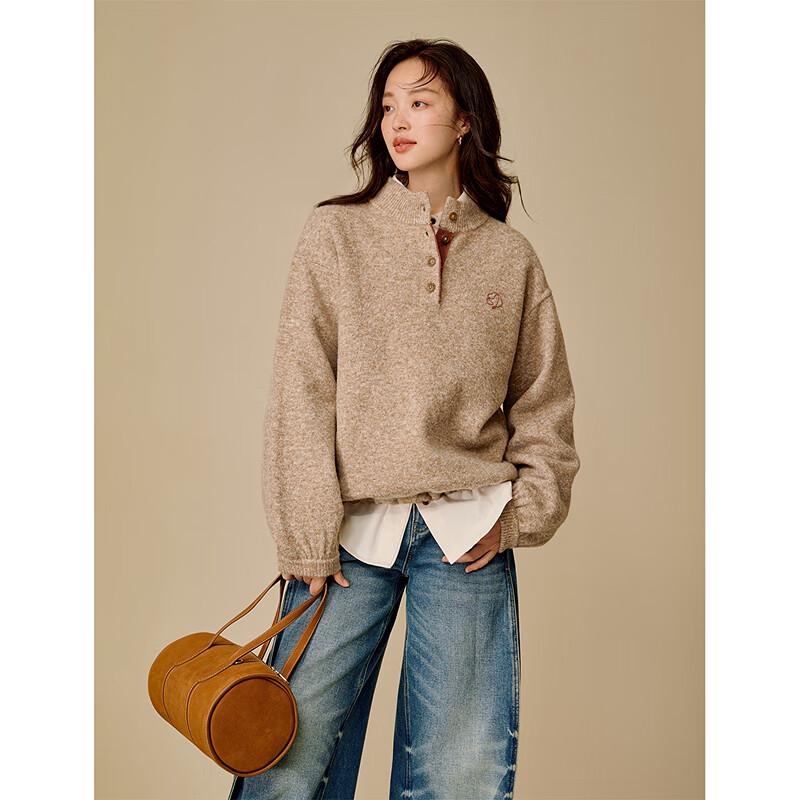 INMAN Women's Retro Colorblock Half-Placket Stand-Collar Sweater