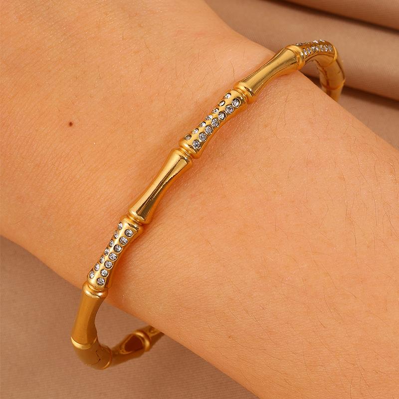 Stainless steel bracelet with real gold plating, bamboo design, diamond inlay, women's European and American fashion, non-fading plating18K Gold