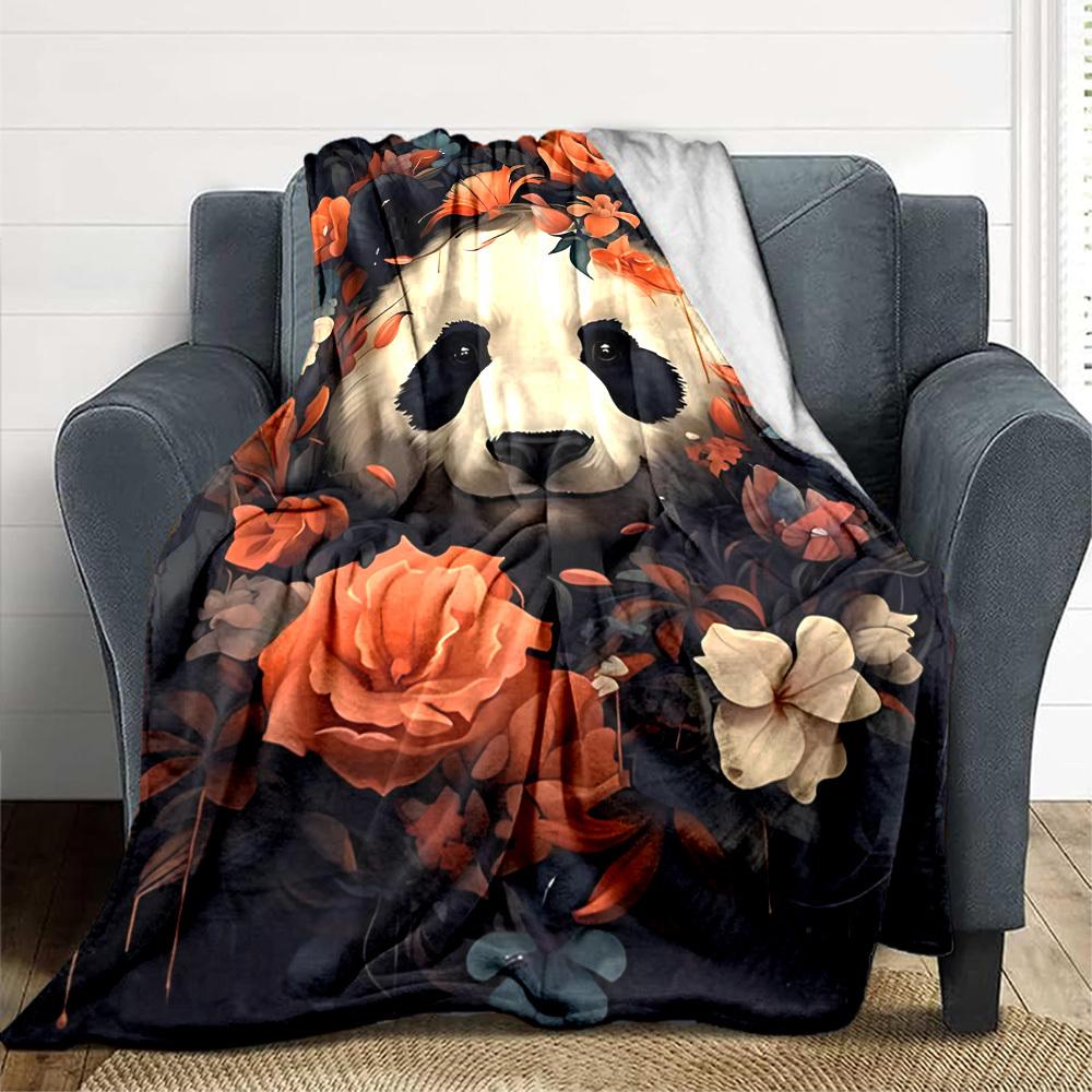 1pc Panda Floral Print Blanket - Lightweight Flannel Fleece with Digital Printing, Soft Warm for Sofa, Travel, Camping, Office yy251018272