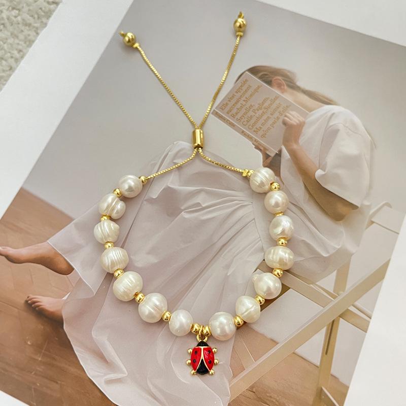Christmas Ladybug and Bee Handmade Bracelet with Zirconium and Freshwater Pearls