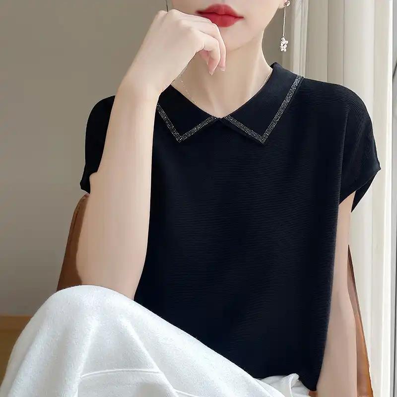 Nuova T-shirt Sottile a Maniche Corte All-Match Primaverile da Donna Nuova Maglietta Base da Donna Top Largo ed Elegante con Collo a Revers