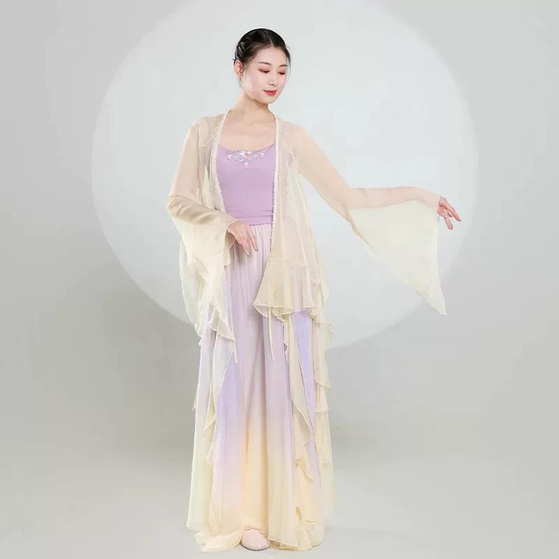 Women's Chinese Style Gradient Dance Dress, Flowy Chiffon Long Sleeve Performance Costume