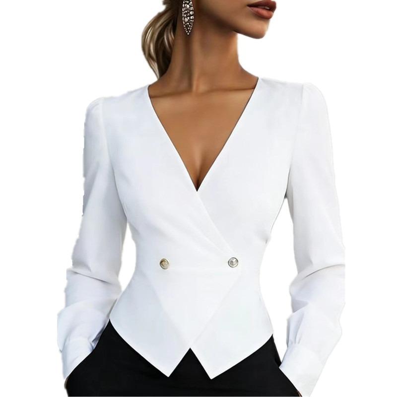 Damen S Elegantes V-Ausschnitt Langarm Slim Fit Polyester Hemd für den Weg zur Arbeit