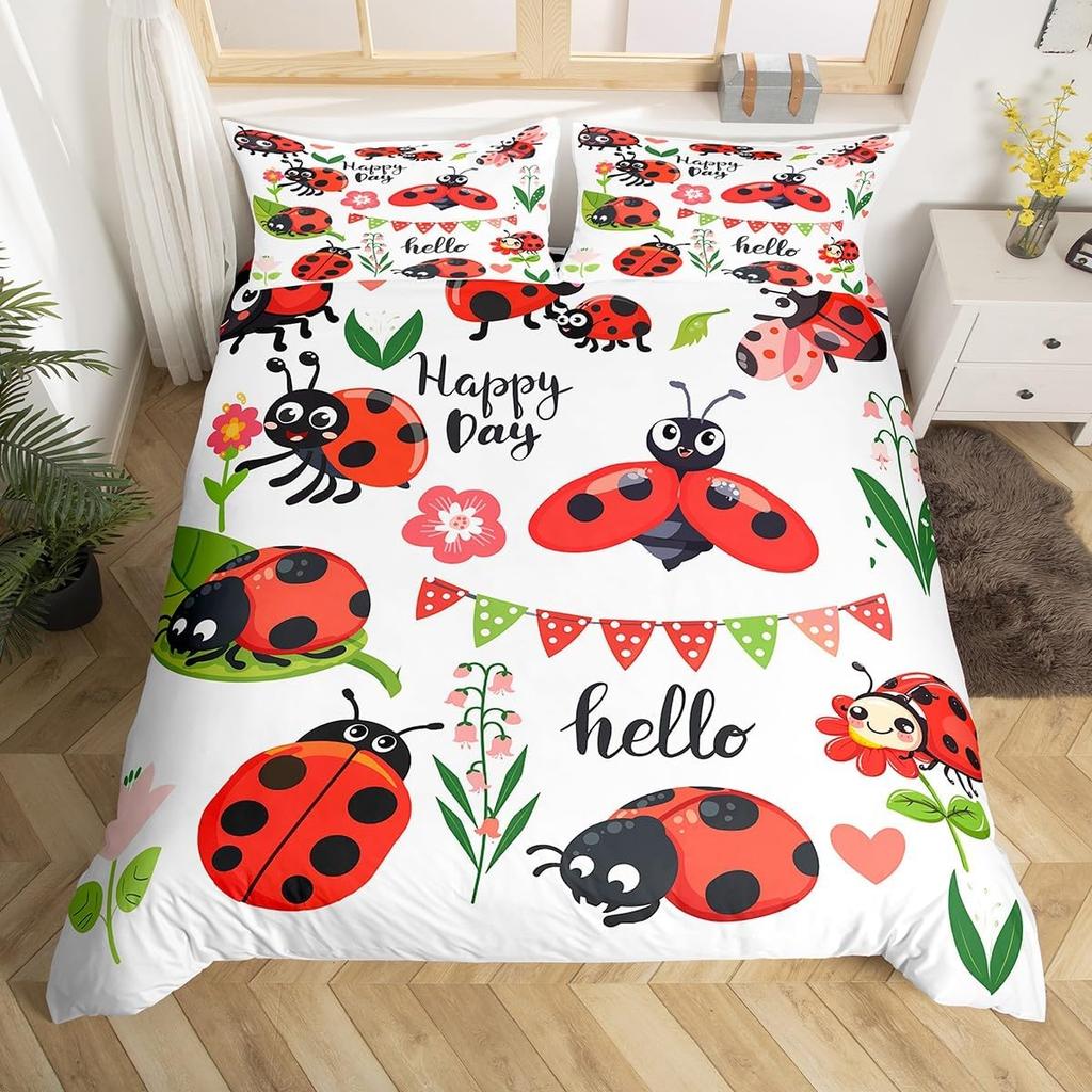 Cute Ladybug Duvet Cover Twin Queen Cartoon Animal Ladybird Insect Bedding Set Kawaii Wildlife Love Heart Print Comforter Cover