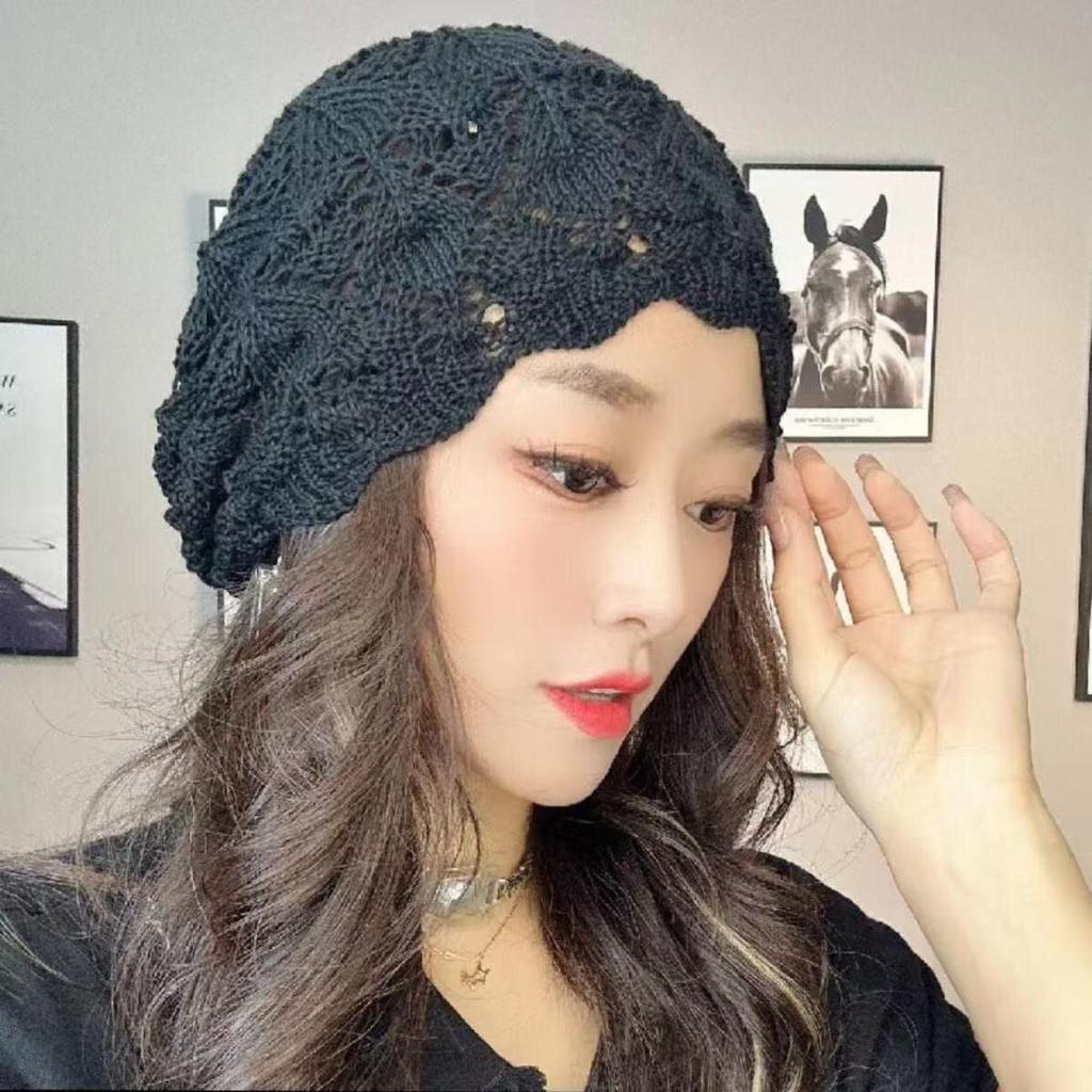 Women's Fashion Hollow Spring and Summer Hat Breathable Lace Thin Headscarf Knitted Slouchy Head Hat Hair Covering Hat