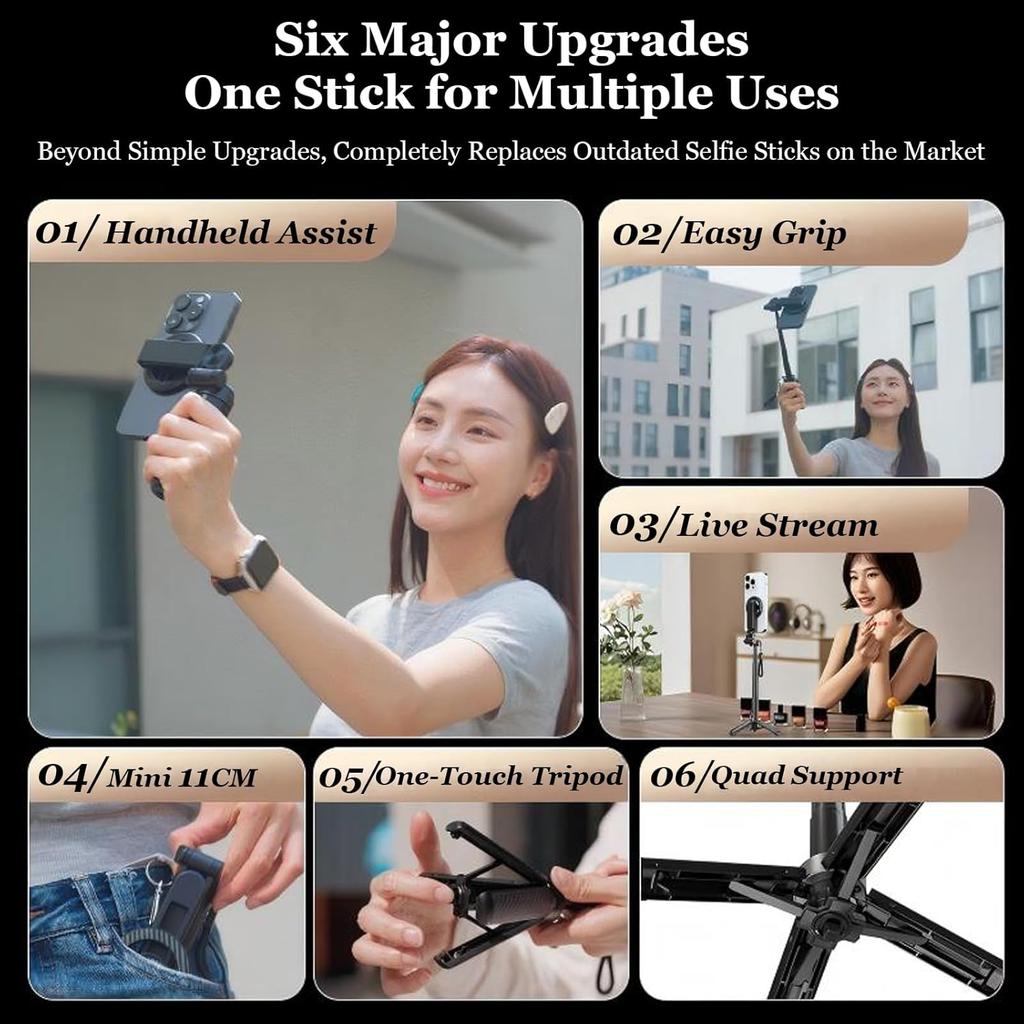 Magnetic Pocket Selfie Stick, 4-in-1 for iPhone with Rechargeable Remote, Portable Extendable Tripod for Travel & Vlogging