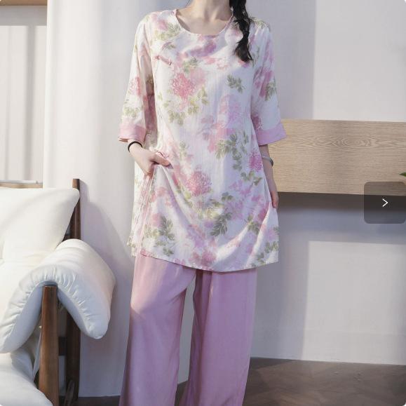 Hanfu pajamas women's spring summer new Chinese-style cotton and silk suit cotton silk medium-sleeved loose loungewear can be worn thin