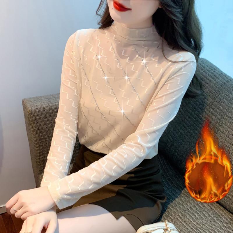 T-shirt for Women with Velvet Thickened Winter New Long-sleeved Pullover Top Half Turtle Neck Iron Diamond Base Shirt for Women