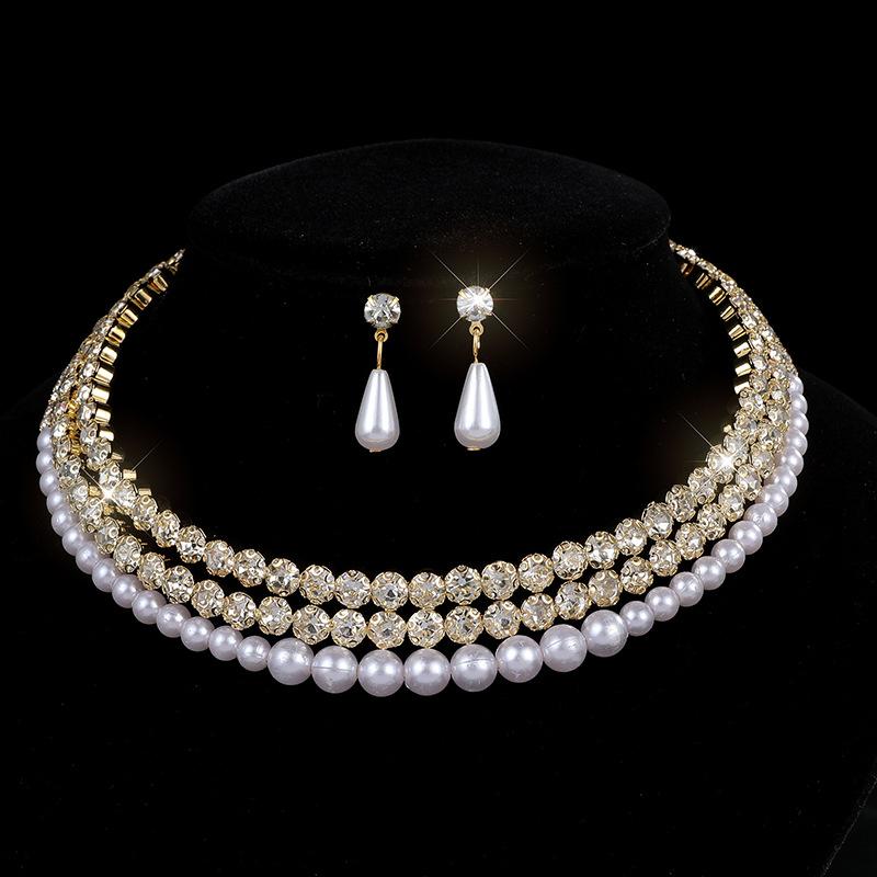 Bridal Pearl Full Diamond Necklace Necklace Diamond Imitation Pearl Bracelet Earrings Necklace Set Women