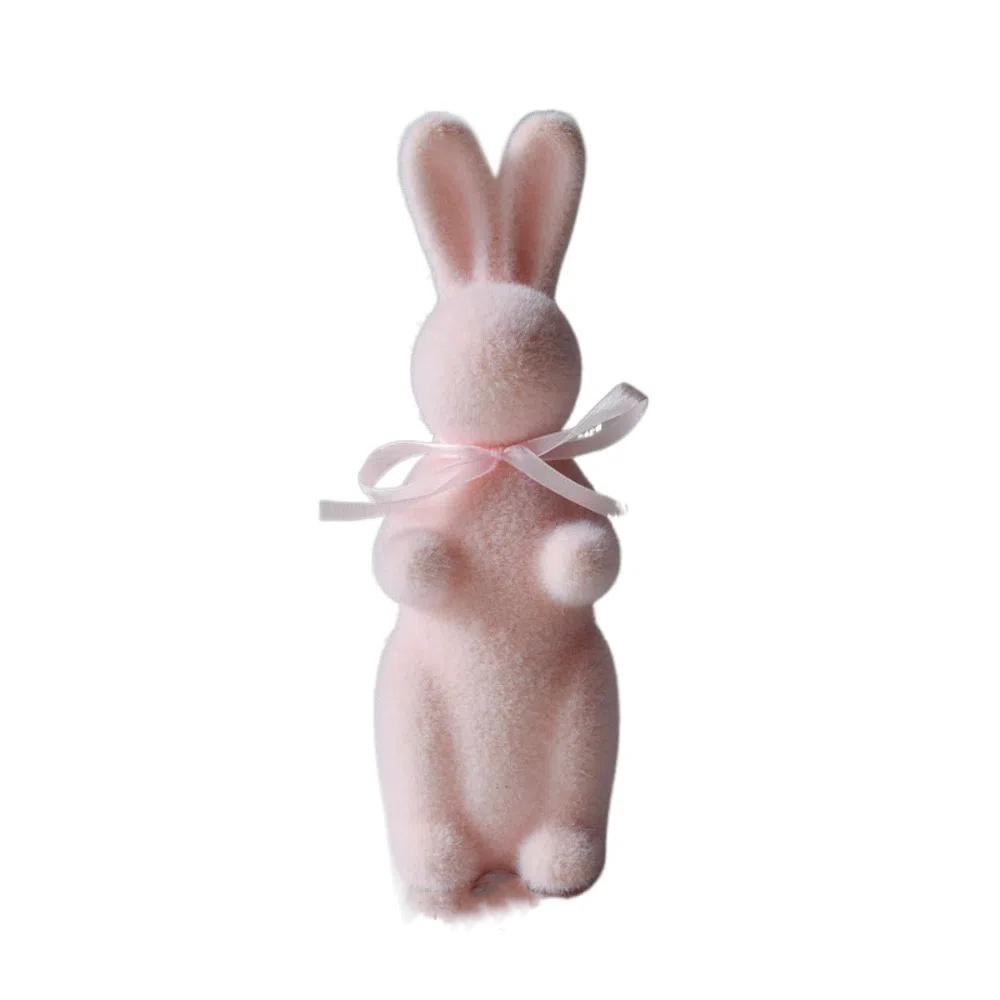 

Flocked Easter Bunny Figurines Simulated Moss 20CM Rabbit Ornaments Tabletop Ornament Solid Color Rabbit Gnome Statues рожевий