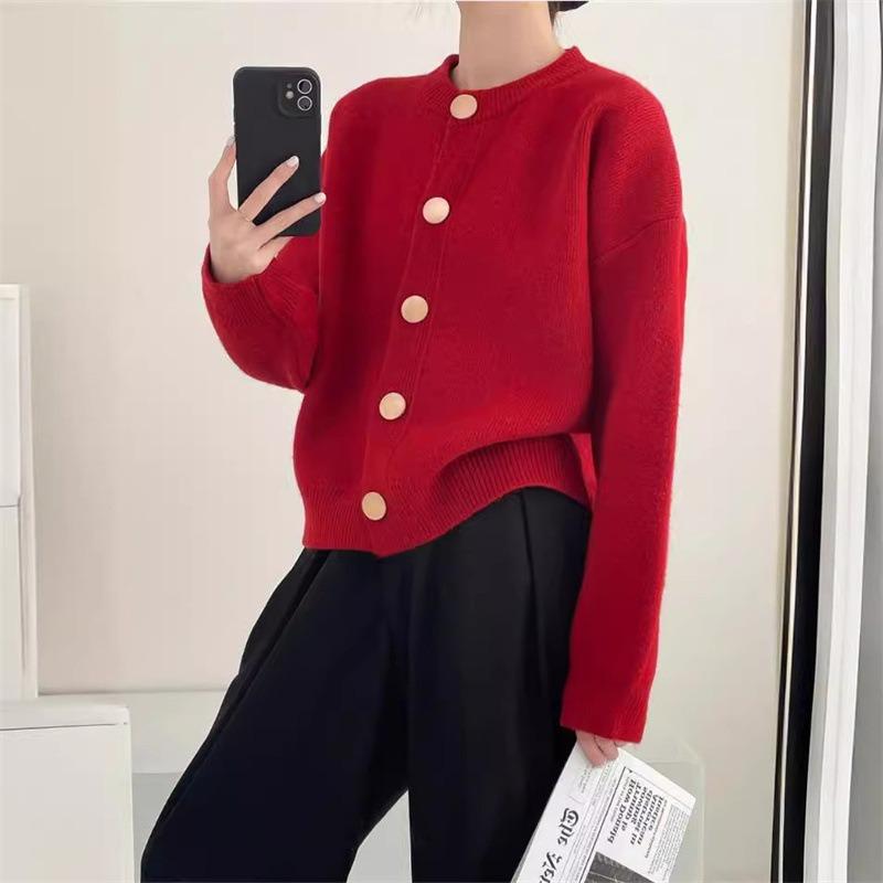 Toamnă și iarnă New High Sense Pulover tricotat de culoare la un singur sân Cardigan Lazy Loose Top cu gât rotund