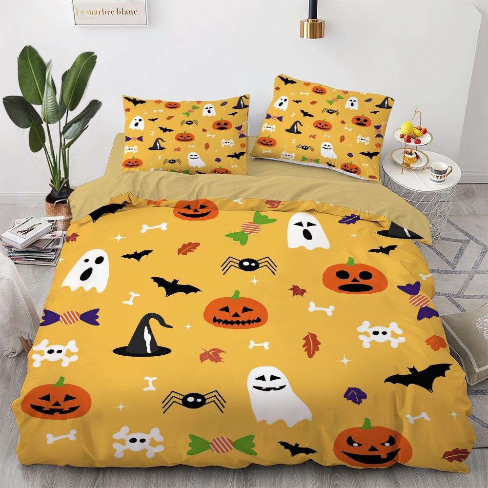 Halloween Horror And Fun, Three-Piece Set Of Polished Bedding, Four-Piece Set Of Bed Hat And Quilt Cover, Printed.
