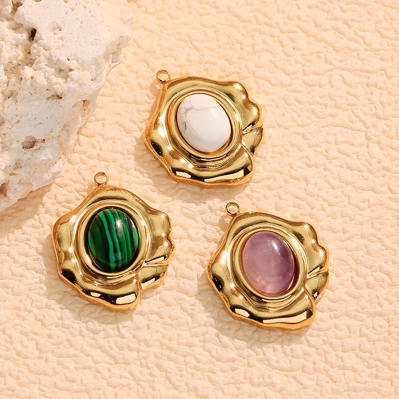 Colorful Natural Stone Irregular Flower and Oval Stainless Steel Pendant Necklace and Earrings Set