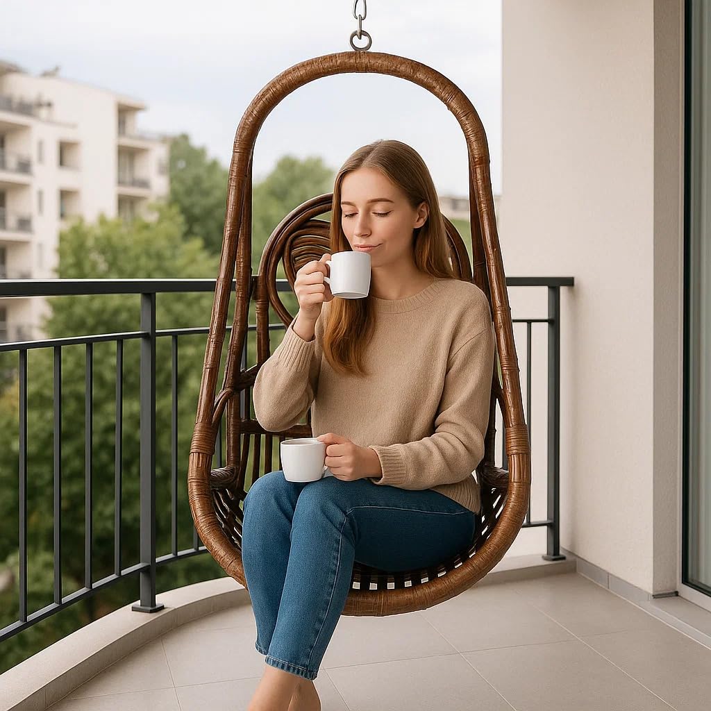 Scaun Balansoar Inimă din Ratan Mobilier | Scaun Suspendat din Răchită cu Un Loc pentru Utilizare Interioară | Jhula din Lemn Lucrat Manual pentru Balcon și Living – Maro