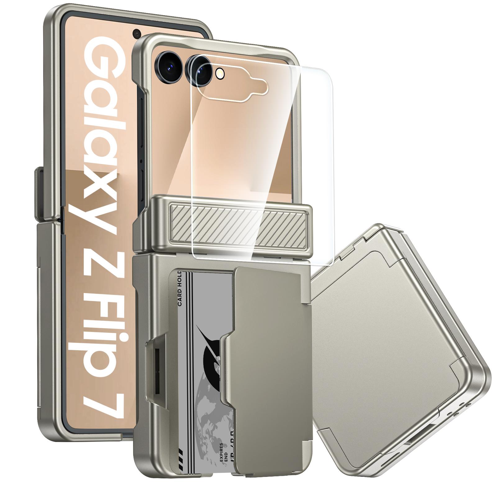 Для Samsung Galaxy Z Flip 7 с держателем для карт [RFID-блокировка] и защитой шарнира и HD-защитой экрана, Прочный противоударный чехол для телефона - Мятно-зеленый шампанского