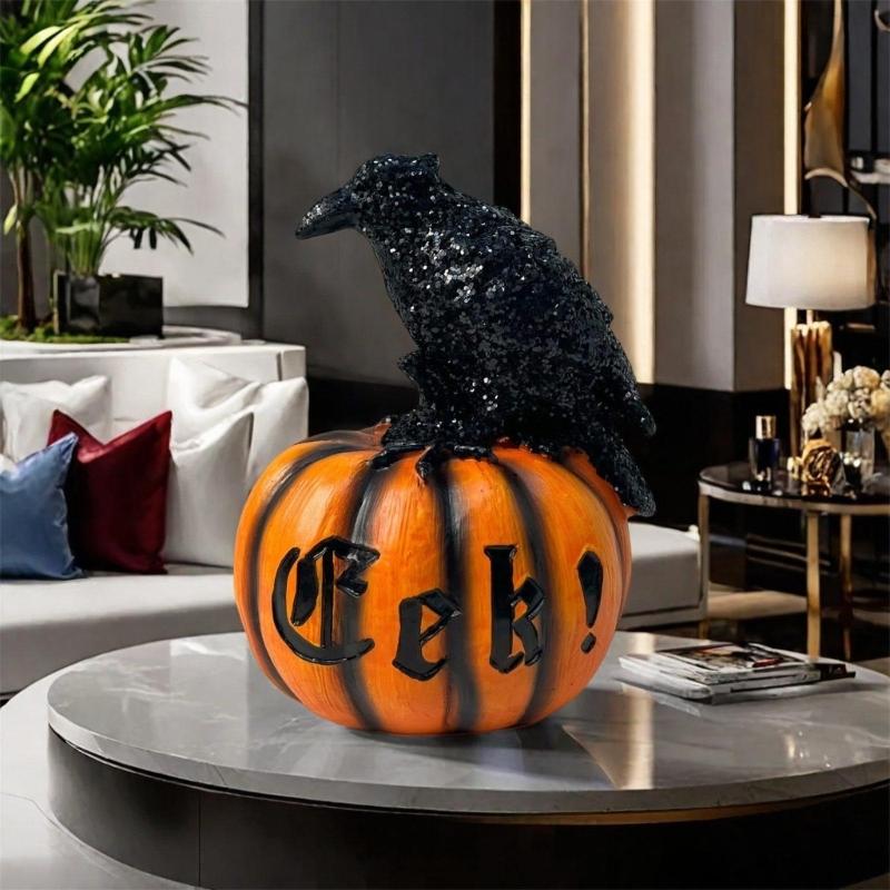 Festival Crow And Pumpkin Resin Statue Halloween Decoration For Indoors Outdoor Party Homes Decors