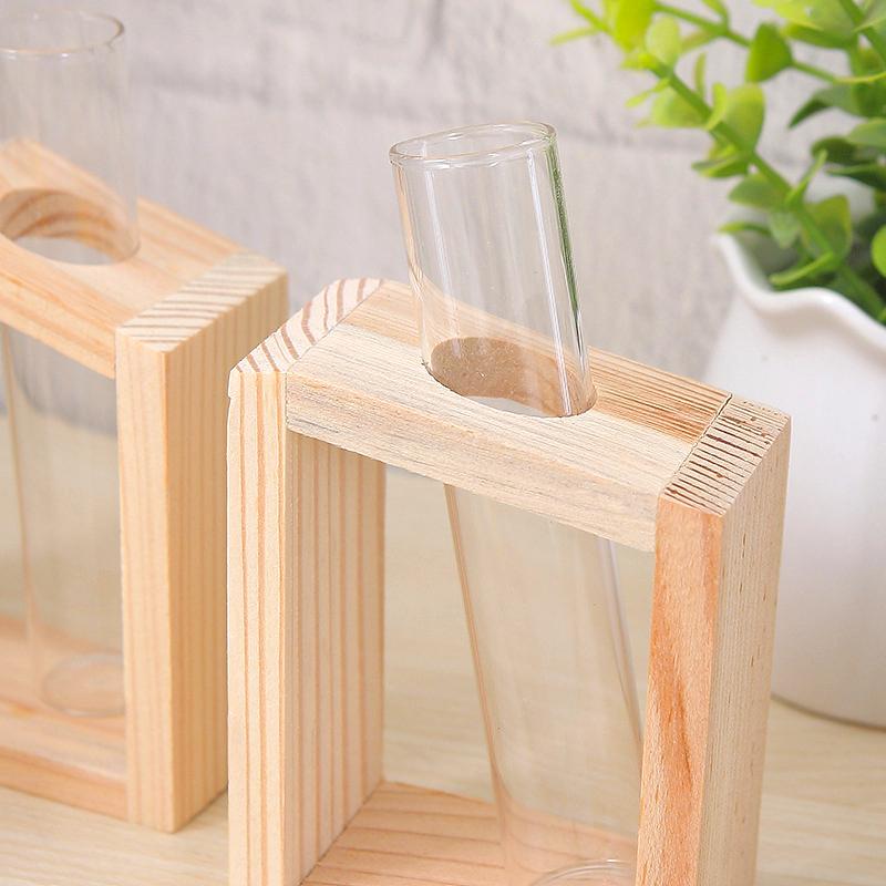 Hydroponic Plants Container with Wood Frame Transparent Glass Test Tube Vase Flower Pot Home Tabletop Bonsai Decorations Crafts