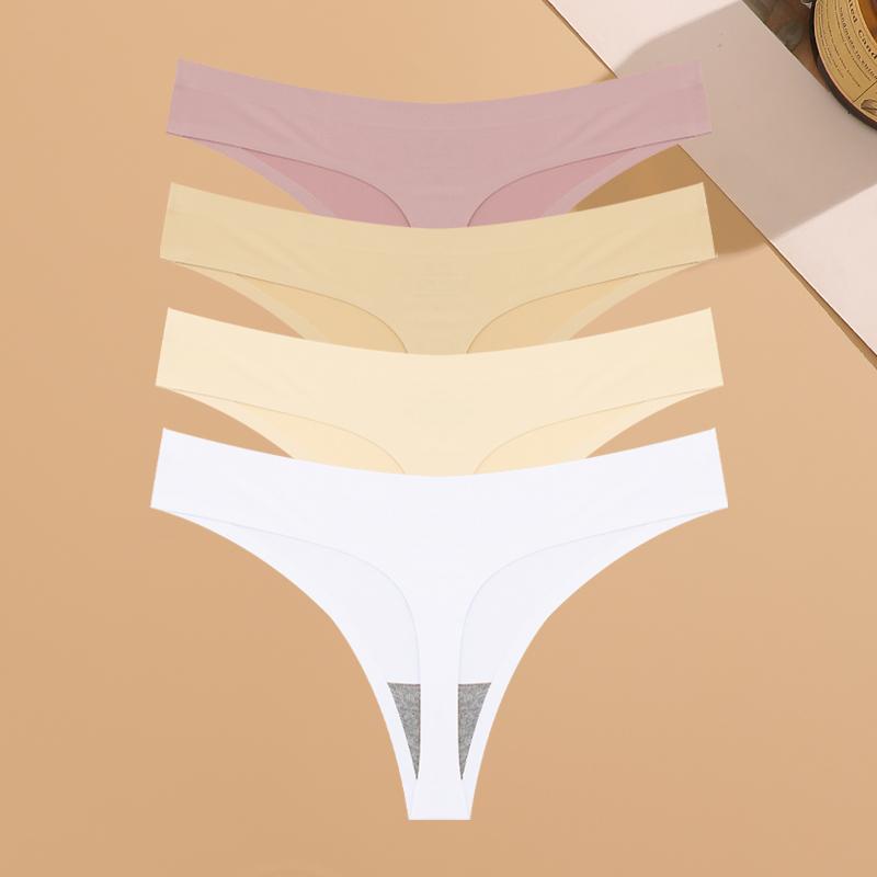 4PCS Ultra-thin Seamless Underwear Women's Invisible Panties Sexy Ice Silk Thongs Low Waist Breathable Bikini Stretchy Lingerie