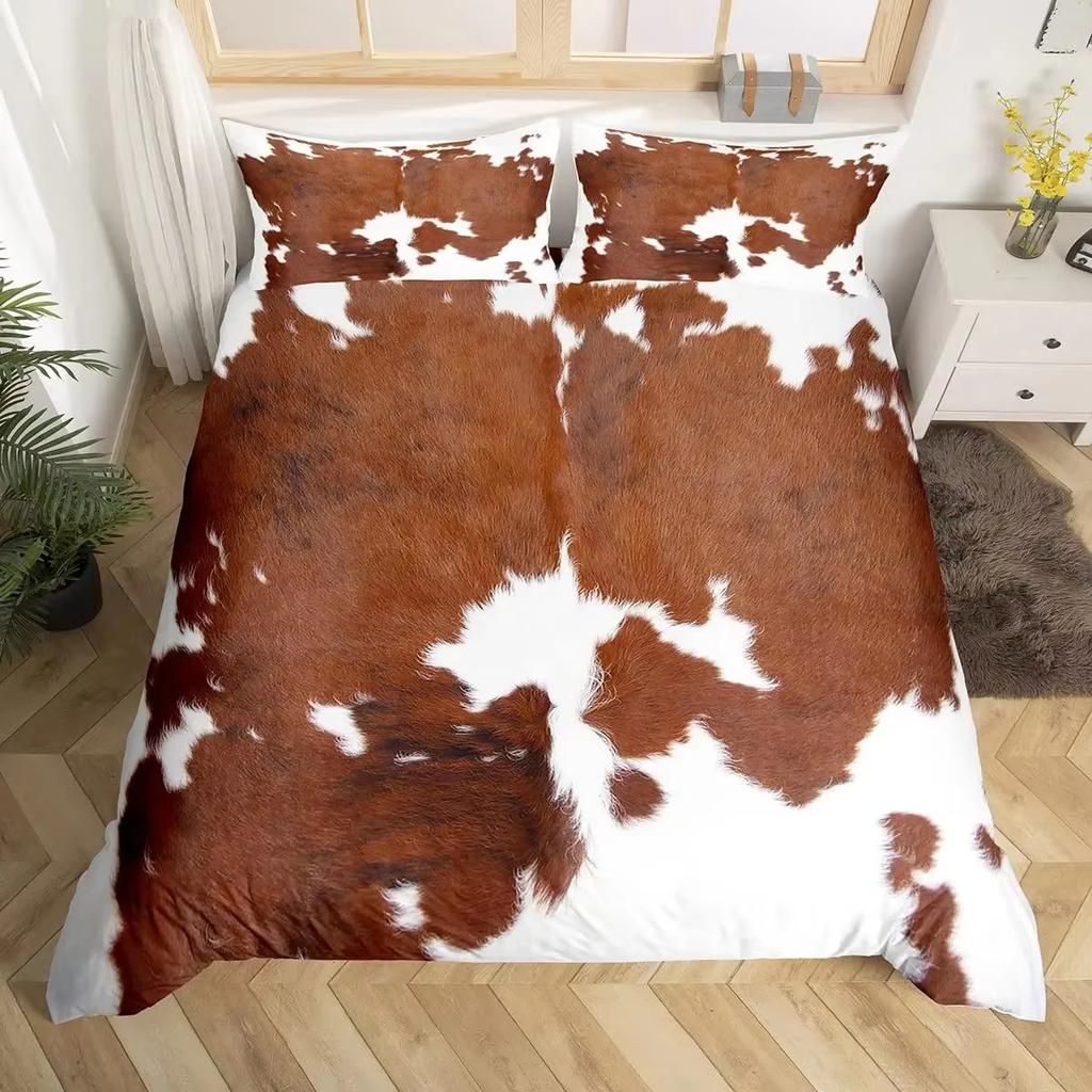 Cow Print Duvet Cover Set Queen Size Brown And White Cow Fur Pattern Bedding Kids Boys Teens Room Decor King Comforter Cover Set