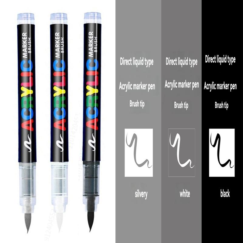

3Pcs Acrylic White Marker Brush Pens Black Paint Art Markers for Rock Painting Stone Ceramic Glass Wood Tire Fabric Metal Canvas