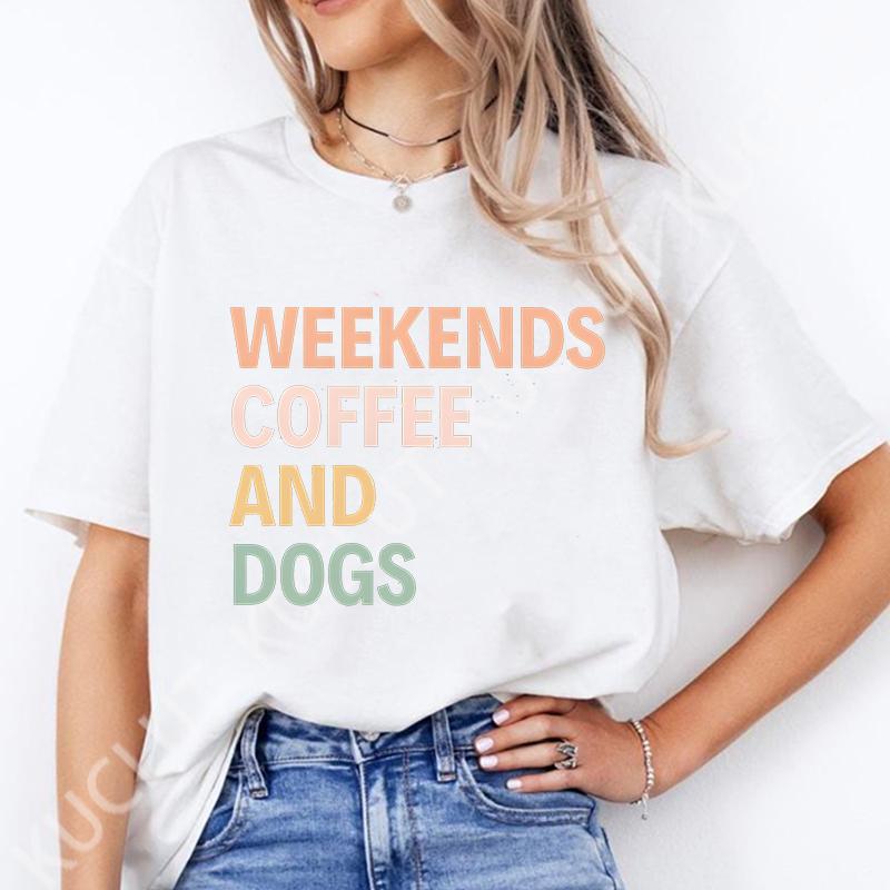 Weekends Coffee and Dogs Trend Print T Shirt Short Sleeve Summer Clothes Women Clothing Fashion Graphic T-shirt Mom Tee Tops