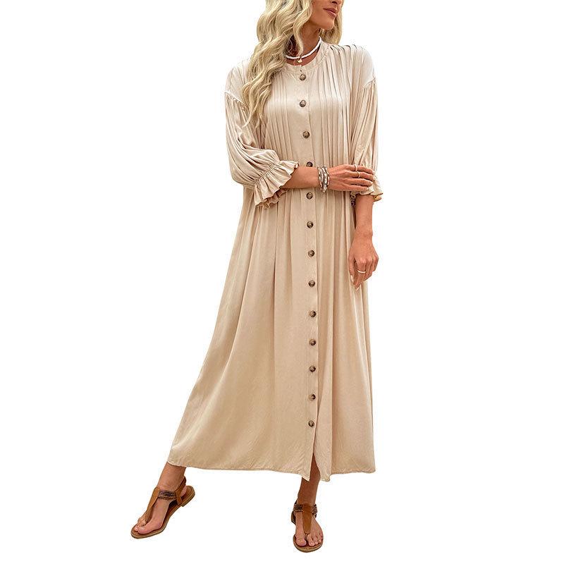 2025 Retro Elegant Striped Dress with Waist-Cinching Buttons