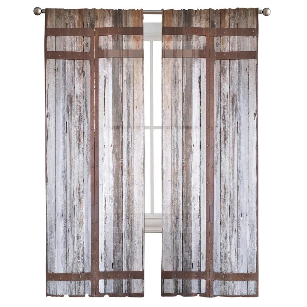 Farm Barn Wooden Door Tulle Curtains for Living Room Print Sheer Voile Curtain Bedroom Window Screening Drapes Blinds Home Decor