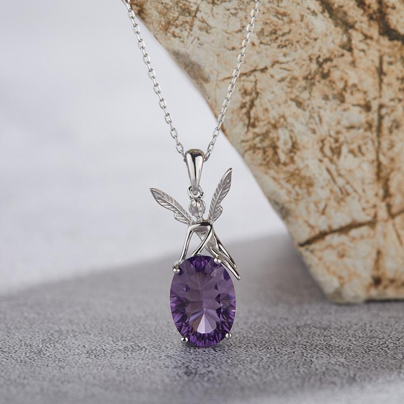 S925 Sterling Silver Inlaid Natural Colored Treasure Amethyst Pendant Angel Necklace Women'S Earrings