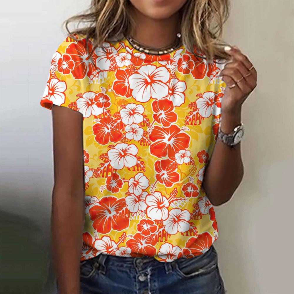 Round Neck 3D Tropical Floral Printed Casual Short Sleeved Women's T-shirts - Soft Medium Stretch Polyester Fabric Summer Relaxed Fit Clothing