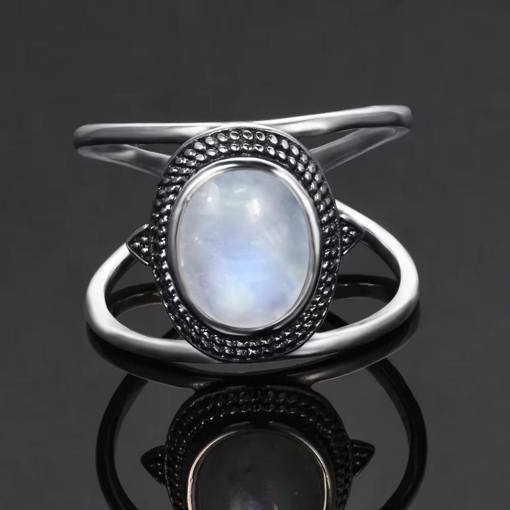 Vintage 925 Silver Ring Natural Moonstone Flower Ring 925 Hollow Eye Shape Round Sun And Moon Ring Fine Jewelry for Women Men