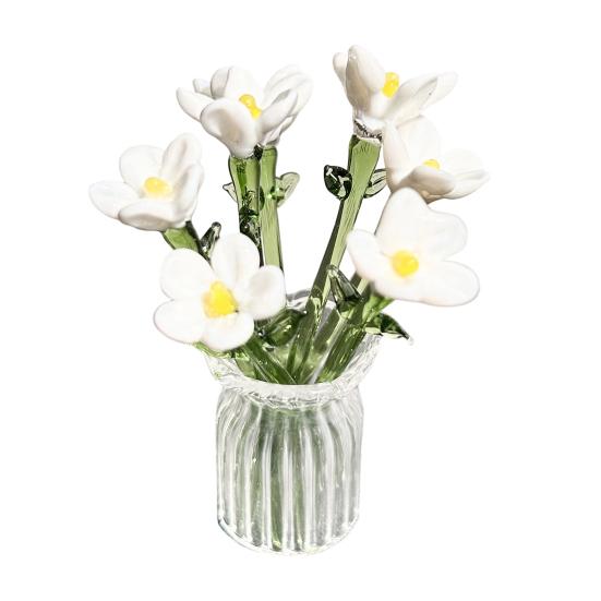 1 Set Glass Flower Bouquet with Vase Hand-Blown Mini Flower Decoration Home Living Room Handmade Simulation Floral Ornament with Stem