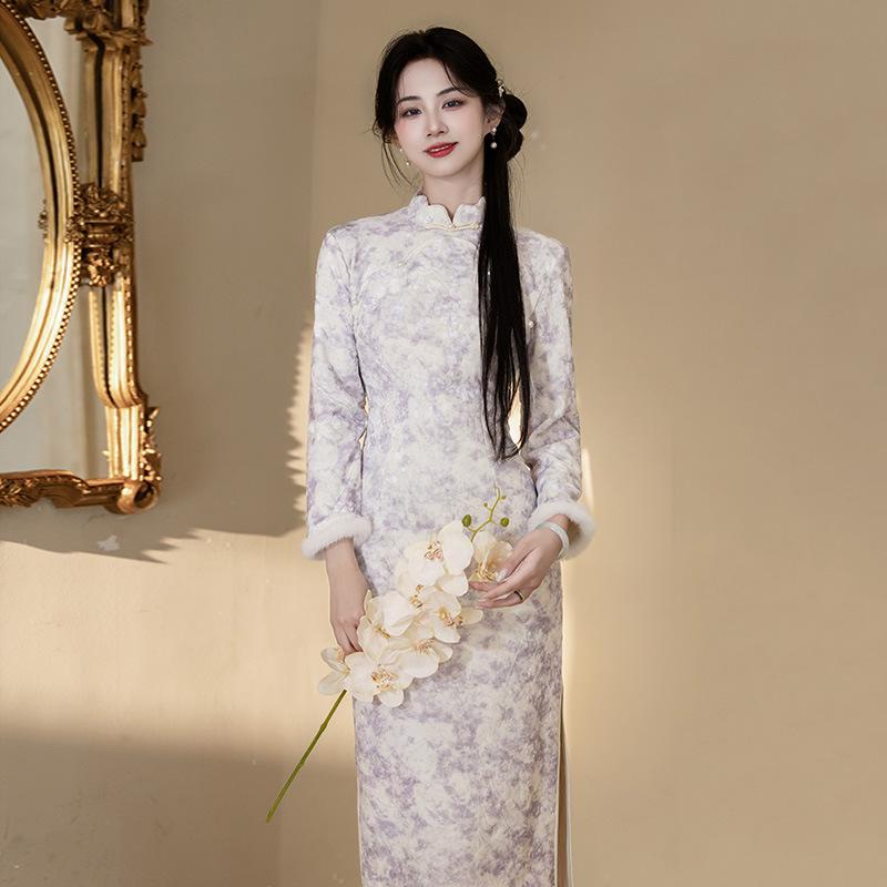 Purple velvet national style Suzhou long-sleeved improved cheongsam winter thick women's new Chinese 1011 new retro autumn and winter