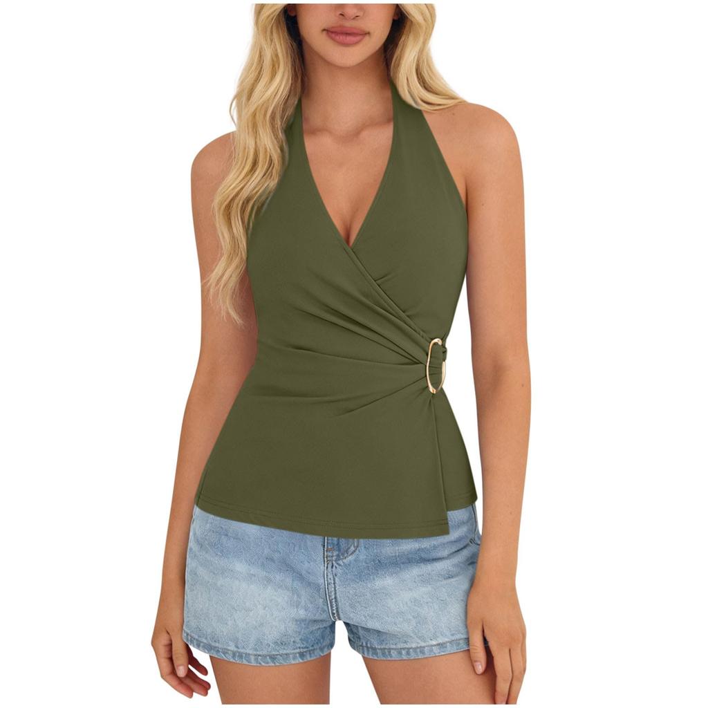 Women's Fashionable Plain Sleeveless V-neck Sexy Cross-Back  Top