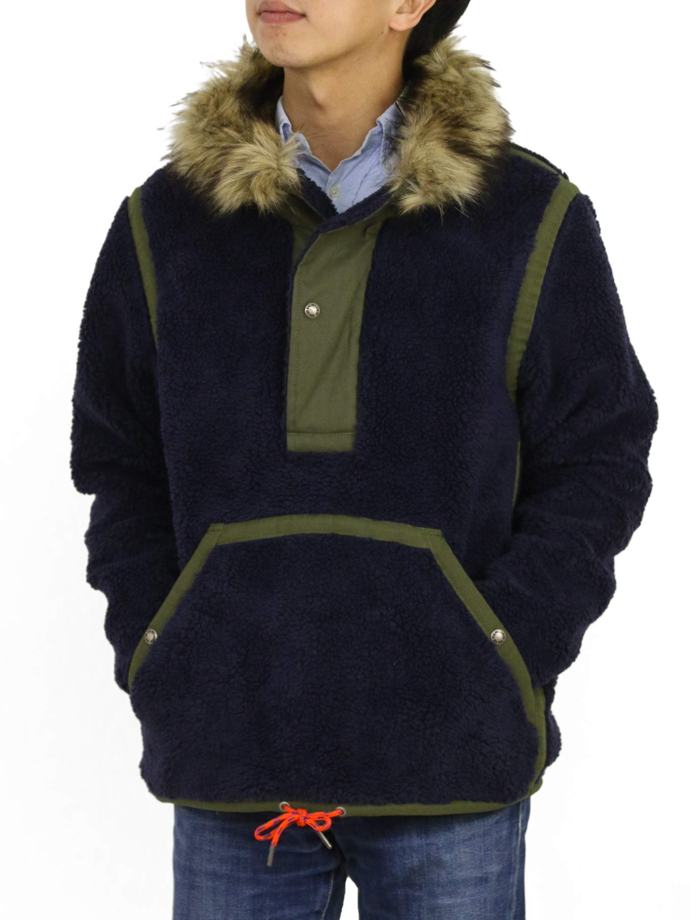 

POLO RALPH LAUREN SPECIAL EDITION Fleece Jacket with Fur Size NVYGRN Men s Half-Zip Hood, L, 0101765, [Used]